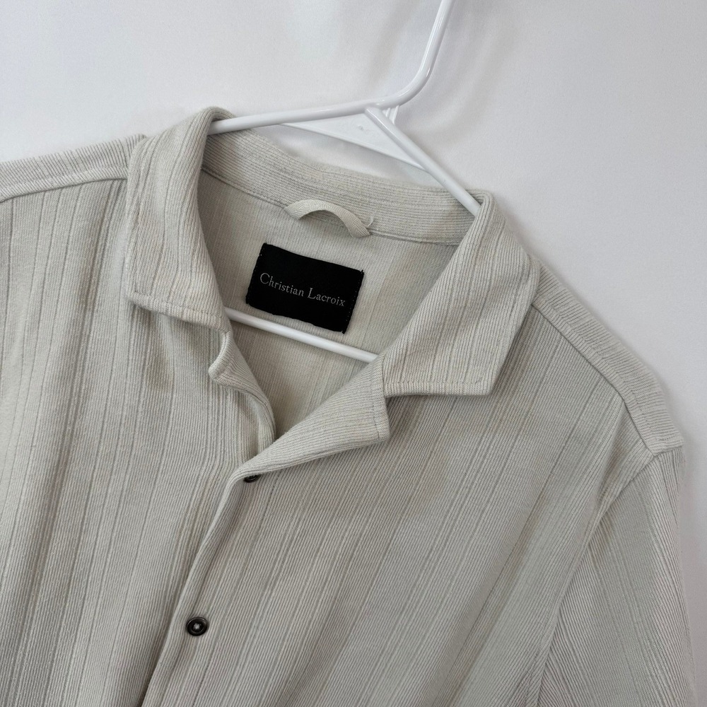 Christian Lacroix Mens Ribbed Knit Button Down Shirt Beige Short Sleeve XL